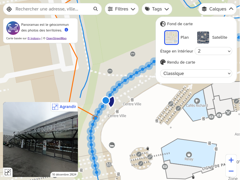 Screenshot of viewer with indoor map enabled on Rennes train station at level 2